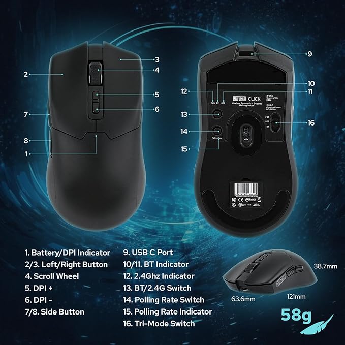 EPOMAKER Click Gaming Mouse Wireless 2.4Ghz/BT/Type-C, 800 to 42,000 DPI Adjustable, 8K Polling Rate, 500mAh, Lightweight Optical Mouse, for PC/Mac/Linux (Black)