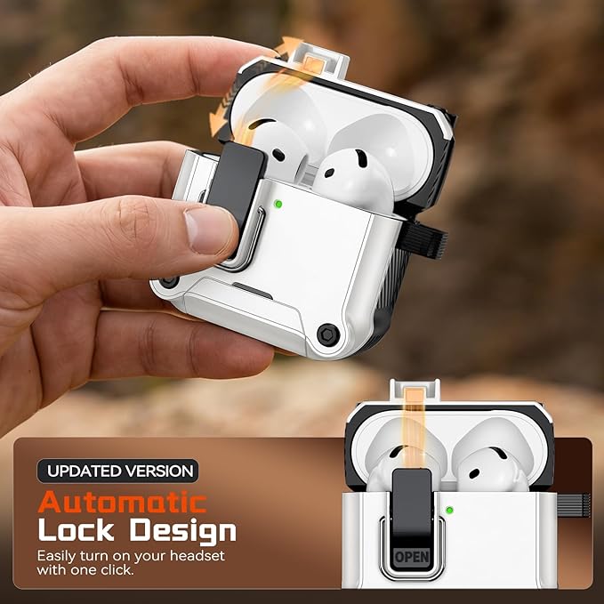 Inesore Compatible with AirPods 4 Generation Case,Secure Lock & Phone Stand Design,Compatible with MagSafe,Automatic Snap Switch Secure Cover for New AirPods 4th (2024)-White