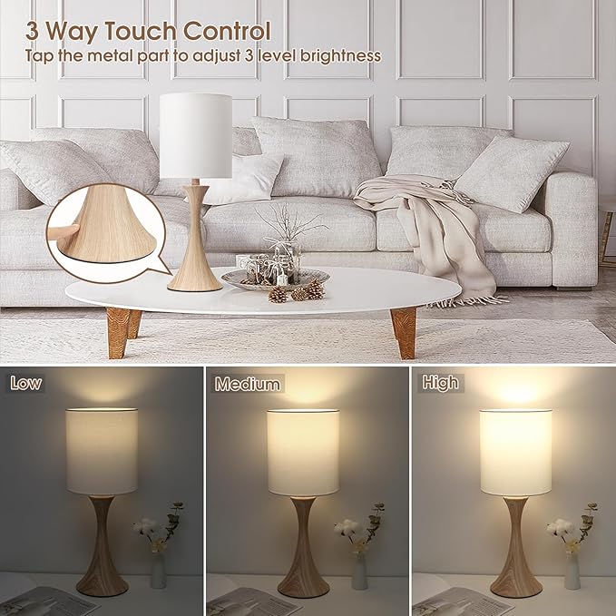 Bedside Touch Lamp, 3 Way Dimmable Touch Control Table Lamp, Wood Grain Farmhouse Table Lamp, Modern Nightstand Lamp with White Shade for Bedroom, Dorm, Office, 3000K LED Bulb Included