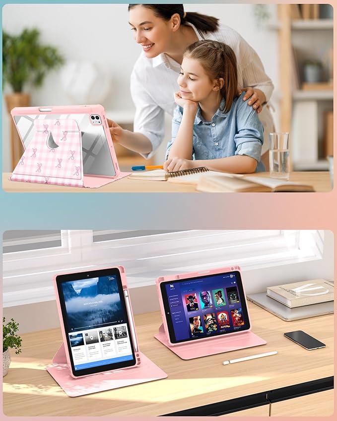 Uppuppy for iPad Pro M4/M5 Case 13 inch - 360 Degree Rotating Stand Folio Smart Cover with Pencil Holder for Women Girls, Pink Bow Checkered for iPad Pro 13 inch Case 2024 M4/2025 M5
