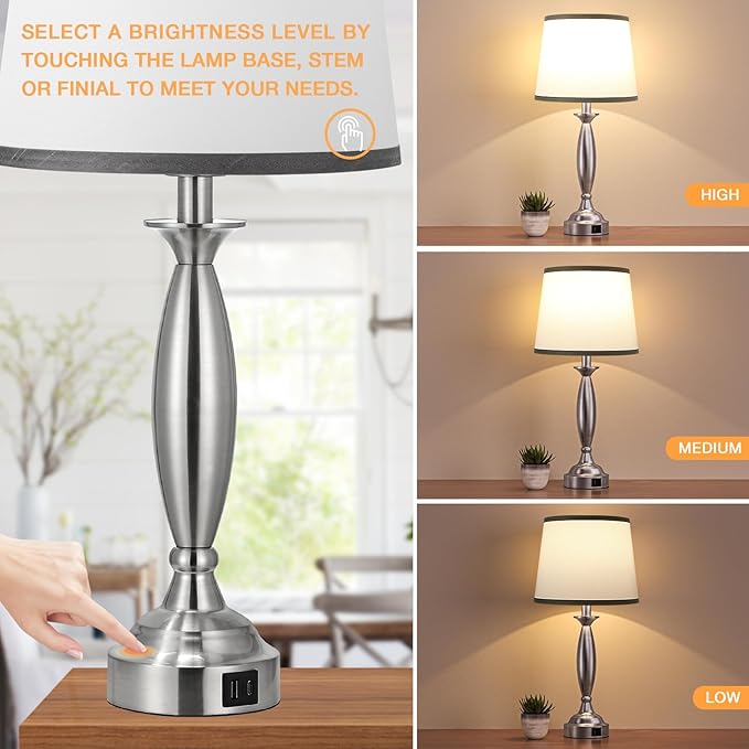 Seealle Touch Bedside Lamps for Nightstand Set of 2 - Bedroom Lamps with USB C+A, 3 Way Dimmable Nightstand Lamps, Brushed Nickel Table Lamps for Living Room (Bulbs Included)