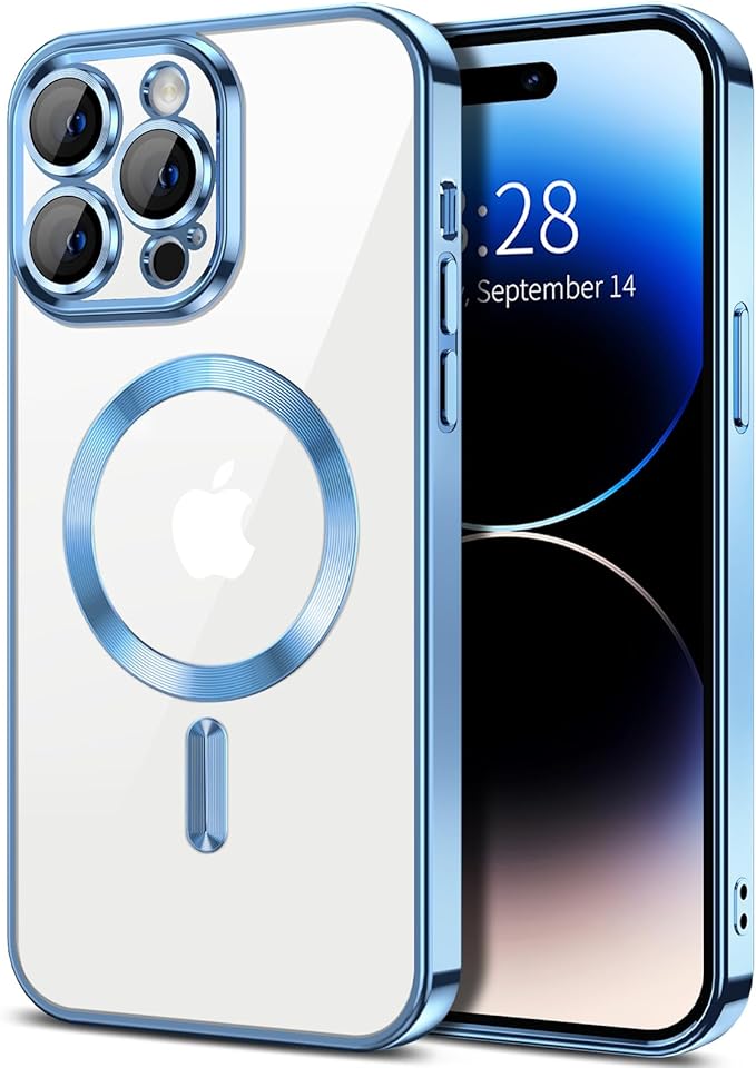 Hython Magnetic Clear for iPhone 14 Pro Max Case with Camera Lens Protector [Compatible with MagSafe] Plating Edge Slim Soft TPU Cover Protective Phone Case for iPhone 14 Pro Max 6.7", Light Blue