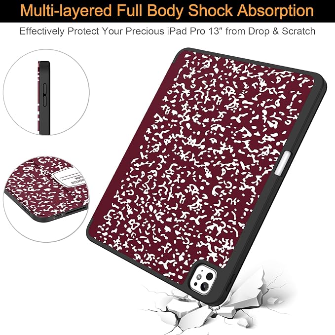 Soke Case for New iPad Pro 13 Inch (M5/M4, 2025/2024 Release), with Pencil Holder Trifold Stand Shockproof [Support Apple Pencil Charging + Auto Wake/Sleep], Soft TPU Back Cover, Book Wine