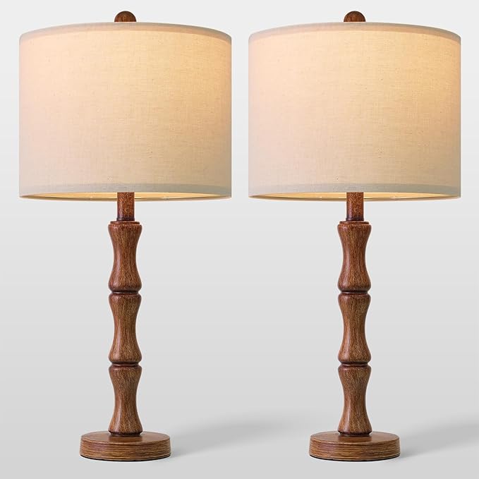BOBOMOMO 25" Rustic Table Lamps Set of 2, Farmhouse Nightstand Lamps with Wood Grain Resin Base & Linen Shade, Standard Table Lamps for Bedroom, Living Room, End Table & House Décor