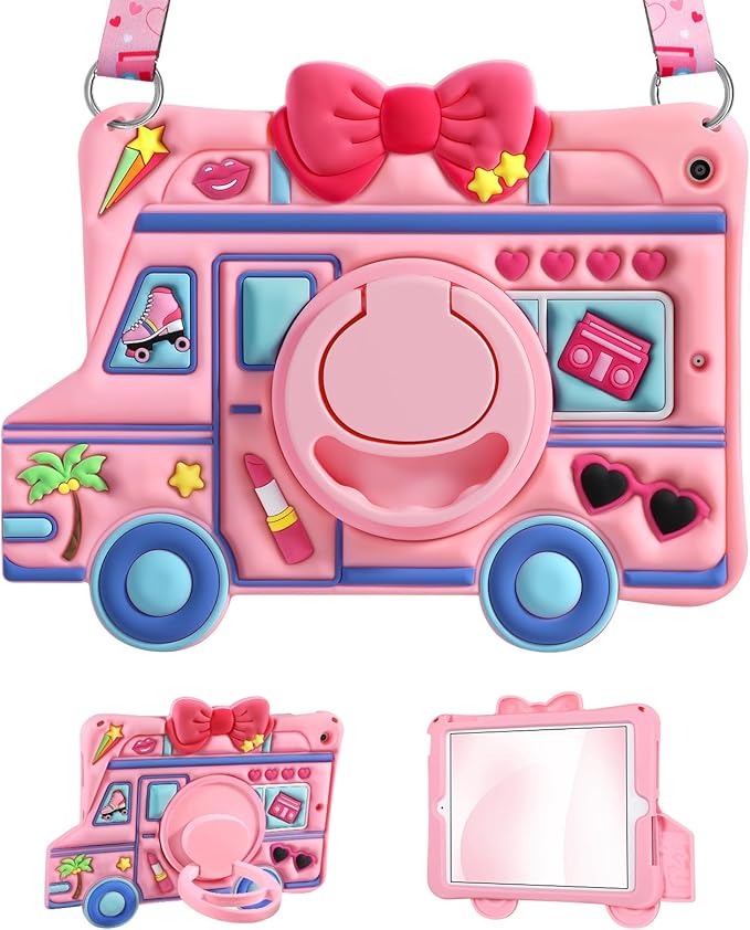for iPad 9th/8th/7th Generation Case - for Girls Cute Girly Kawaii 3D Cartoon Design with Rotating Stand Handle & Shoulder Strap Silicone Cases for iPad 7/8/9th Gen 2019 2020 2021 10.2 Inch