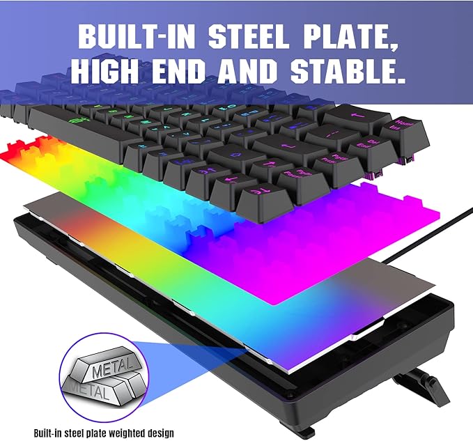 Snpurdiri 60% Gaming Keyboard, Rainbow Backlit Mini Membrane Keyboard for Windows PC Gamers(68 Keys, Black Rainbow)