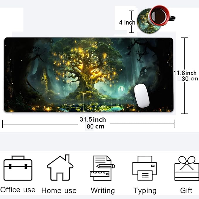Large Mouse Pad, 31.5 x 11.8in Extended Gaming Mouse Pad with Stitched Edges, XXL Mousepad Protector Non Slip Rubber Base for Office and Home Writing Mat, Tree of Life Pattern Desk Mat