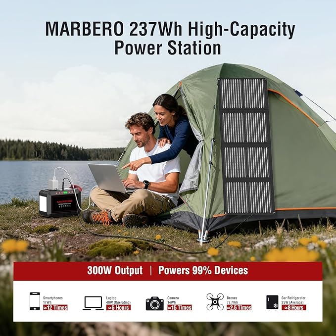 Portable Power Station 300W MARBERO 237Wh Camping Solar Generator Backup Lithium Battery with Pure Sine Wave 110V AC Outlet, USB C, USB A, DC for Outdoors Camping CPAP Home Blackout Emergency
