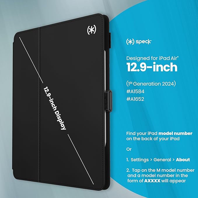 Speck New iPad Air 13 Case (2024) - Fits iPad Pro 12.9 Case (2022/2021, 6th/5th Gen) with Pencil Holder, Drop & Camera Protection, Slim Multi Range Stand, Balance Folio - Black/Black/White