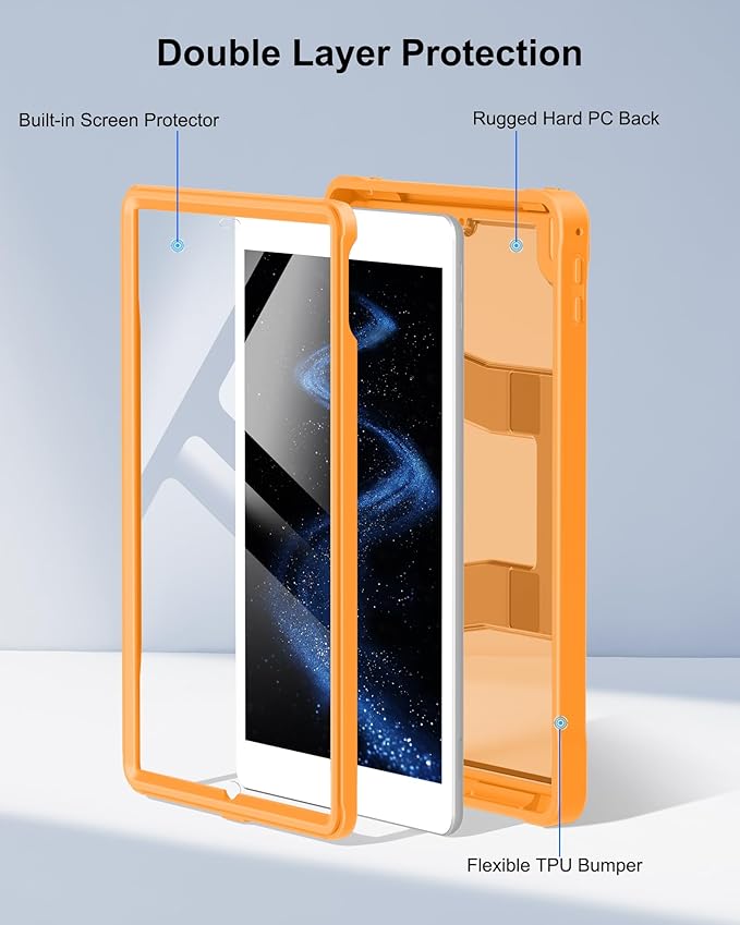 DTTO Case for iPad 6th/5th Generation 9.7 Inch 2018/2017, Adjust Kickstand Freely, Built-in Screen Protector, Frosted Full-Body Shockproof Protective Cover for iPad Air 2 / Pro 9.7, Orange