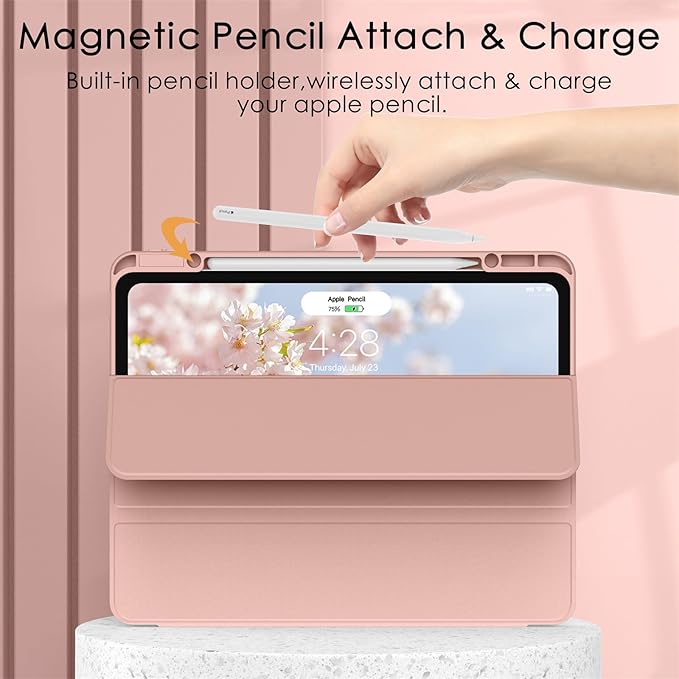 Soke Case for iPad Pro 12.9 Inch (6th/5th/4th/3rd Generation, 2022/2021/2020/2018) - Pencil Holder + Auto Sleep/Wake + Camera Protection, Transparent Shockproof Back Cover,Rose Gold