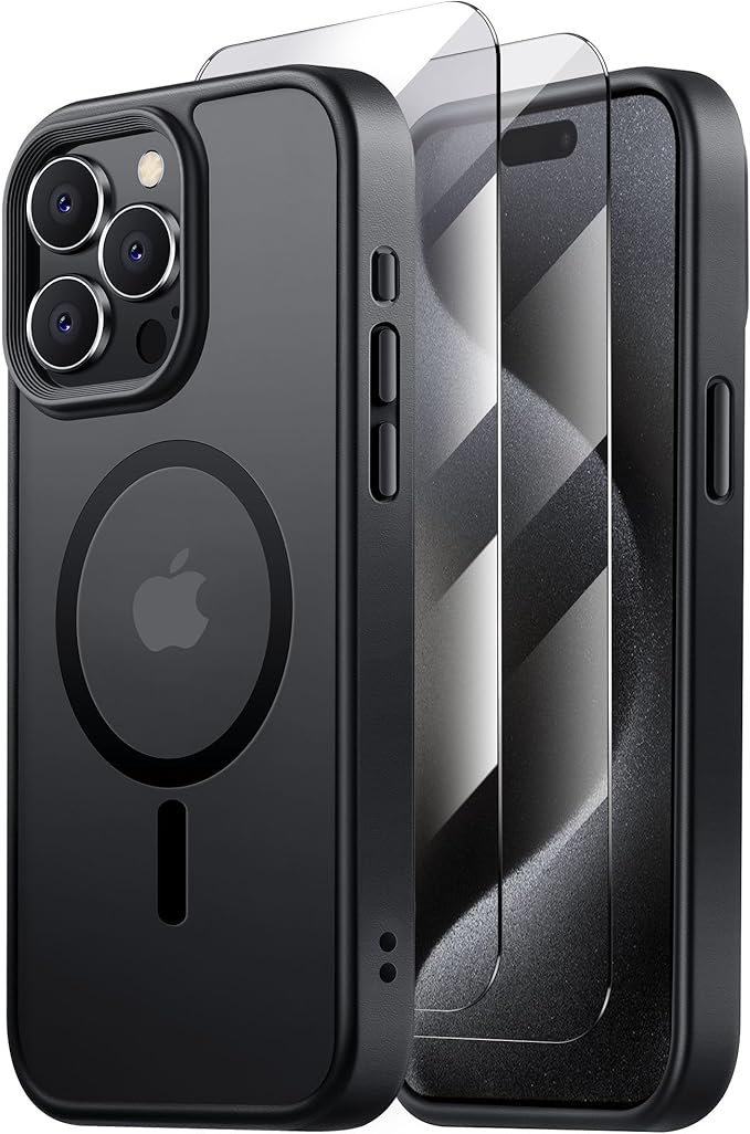 Tigowos for iPhone 15 Pro case,Compatible with MagSafe,[15FT Drop Resistant][2 Tempered-Glass Screen Protectors] Matte Skin-Feeling Shockproof case for iPhone 15 Pro Cases 6.1"，Matte Black