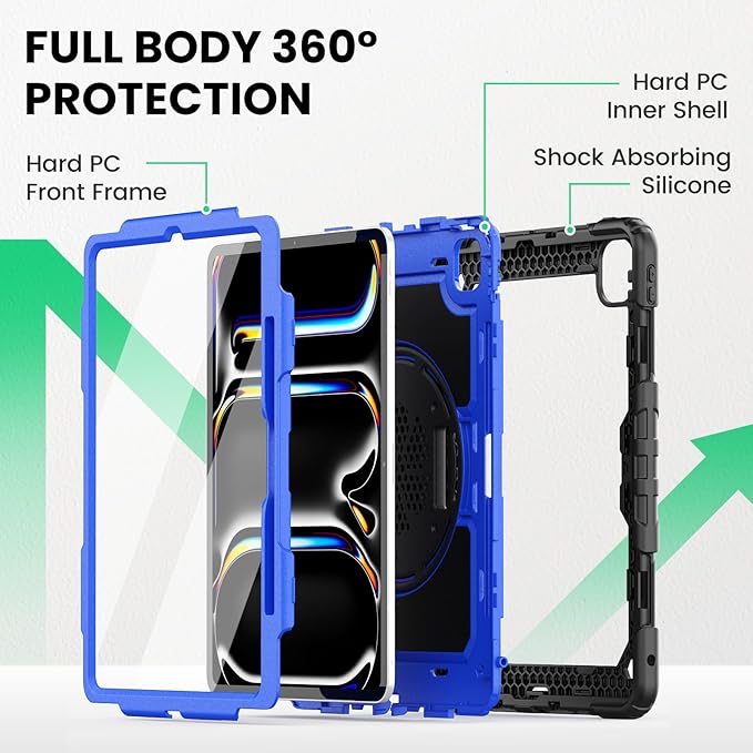 SEYMAC Case for iPad Pro 13 Inch M5 2025 / M4 2024, Heavy Duty Shockproof Protective Case with Screen Protector, 360° Rotating Stand, Hand/Shoulder Strap and Pen Holder, Blue