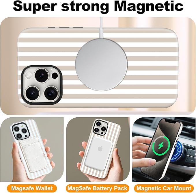 Magnetic for iPhone 15 Pro Max Case Cute Stripes Phone Case, Shockproof Slim TPU and Hard PC Protective Phone Cover Compatible with MagSafe Designed for Women Girls, Apricot