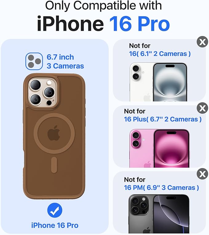 Magnetic for iPhone 16 Pro Case[Compatible with MagSafe][Military-Grade Drop Protection][Anti-Yellowing] Shockproof Protective Translucent Matte Cover for iPhone 16 Pro Phone Case,Brown