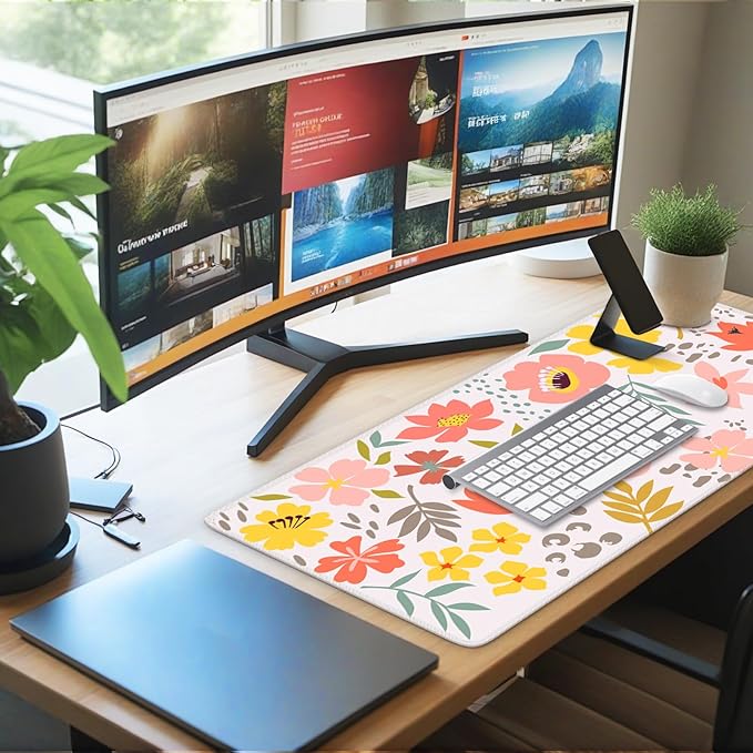 iCasso Desk Matt for Desktop, Cute Desk Pad Mat, XXL Large Mouse Pad, Anti-Slip Big Mousepad with Stitched Edges, Keyboard Pad Mouse Mat for Computer, Work, Gaming (Flowers Leaves)