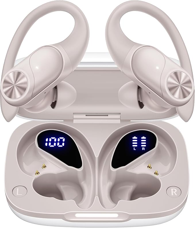 PocBuds Bluetooth Headphones Wireless Earbuds 80hrs Playtime Wireless Charging Case Digital Display Sport Ear Buds with Earhook Deep Bass IPX7 Waterproof Over-Ear Earphones for Phone Laptop Beige