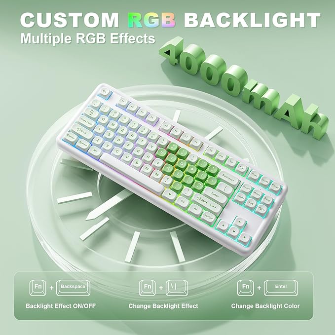 YUNZII B87 Wireless Mechanical Keyboard,QMK/VIA Programmable,TKL Layout 87 Keys,BT/2.4G/USB-C,Hot Swap Gasket Mount RGB Backlit Gaming with Wrist Rest for Win/Mac (Matcha Heart, Milk V2)