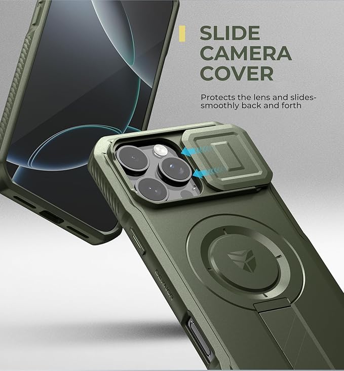 Dexnor for iPhone 16 Pro Max Case with Slide Camera Cover & Adjustable Kickstand, Rugged Shockproof Bumper Cases Heavy-Duty Magnetic Protective Cover,Army Green