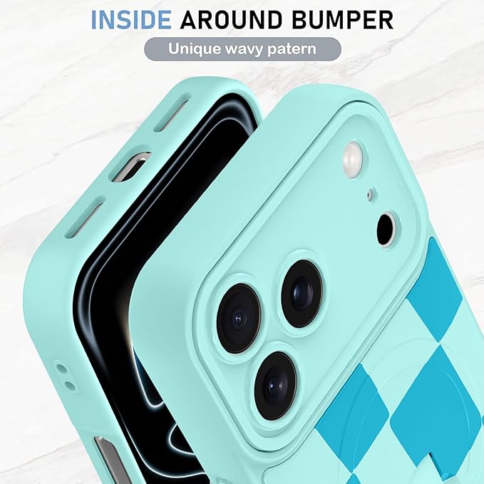 KANGHAR Compatible with iPhone 17 Pro Max Case, Support for MagSafe, Silicone Checkered Cute Pattern, Wristband Kickstand Camera Protection Soft Slim Cover for Girls Women -Blue