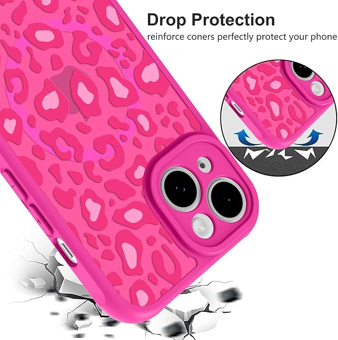 KANGHAR Case for iPhone 15 Plus Hot Pink Leopard Printed Pattern Cute Cheetah [Compatible with Magsafe] Protective Magnetic Case for Girls Women 6.7"