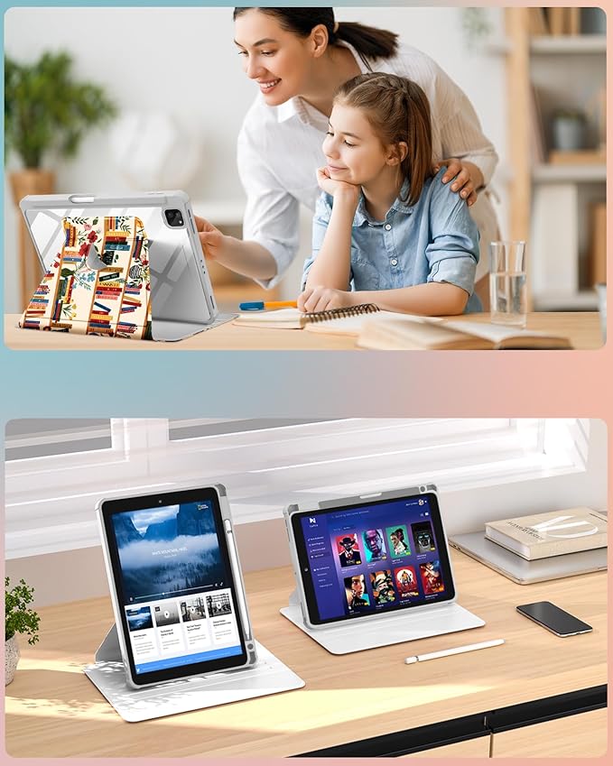 Uppuppy for iPad Air 11 inch Case(Air M4 2026, 8th Gen/M3 2025/M2)/Air 5th/4th Gen 10.9", for iPad Pro 11 inch Case(4th/3rd/2nd/1st Gen) - 360 Rotating Smart Folio Cover with Pencil Holder, Bookshelf