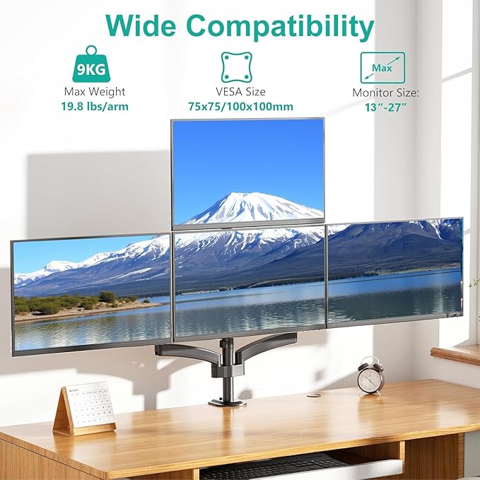 WALI Quad Monitor Mount for 13-27 inch Screens, Extra Tall 4 Monitors Desk Mount, up to 19.8lbs, 32.2 inch Height Max, Fully Adjustable 4 Monitor Arms, VESA 75/100mm (GSDM004S), Black