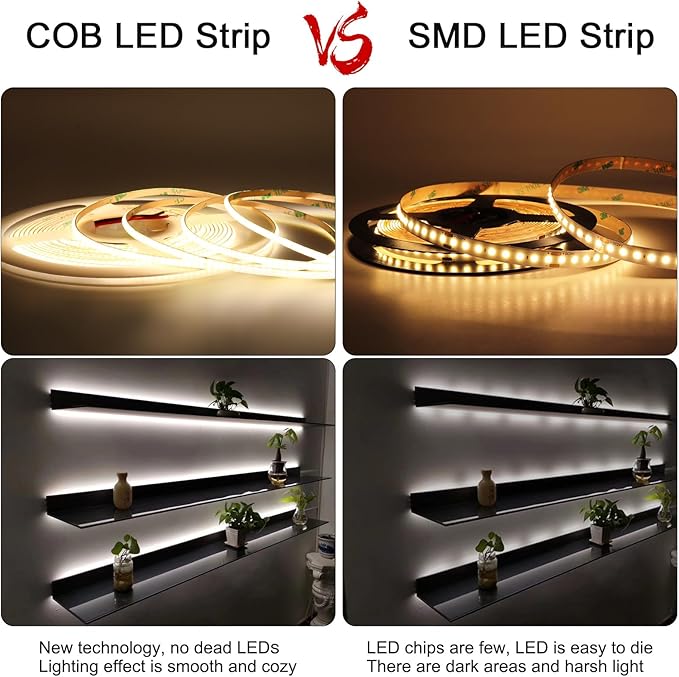3mm COB Strip Light, DC 12V Blue 16.4ft Flexible Cuttable Ultra-Thin LED Tape CRI>90 Uniform Dotless 400LEDs/M LED Light for Christmas Bedroom Home Kitchen Cabinet Decor (NO Power Supply)
