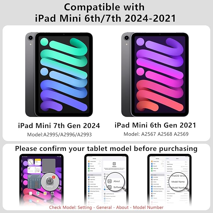 Case for iPad mini 7 A17 Pro 2024/iPad Mini 6 2021 8.3 Inch/iPad mini 7th/6th Gen Case,Dual Multi-Angle Adjustable Kickstand Protective Cover with Built-in Pencil Holder,Hard Backplate,Black