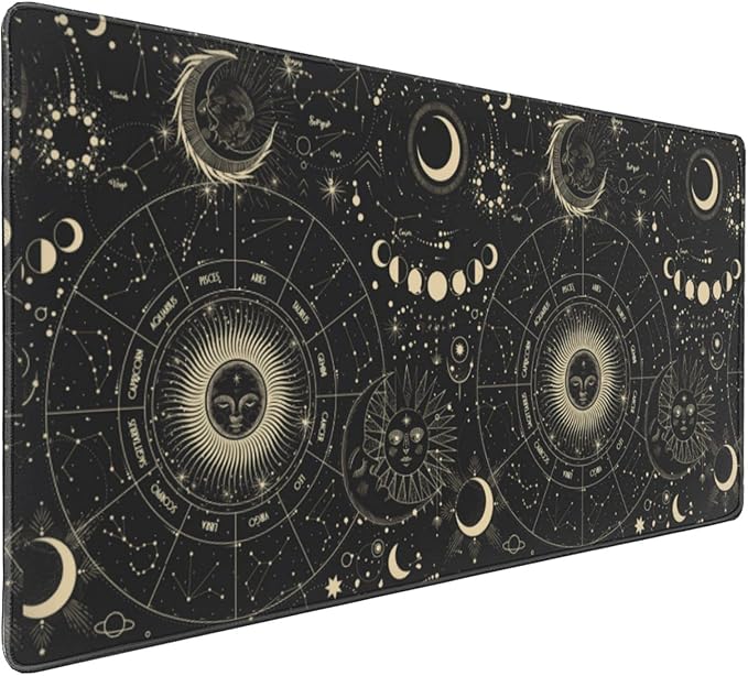 Astrology XXL-Large Gaming Mouse Pad, Funny Gift Mousepad Desk mat for Desktop with Sun and Moon Phases, Big Cute Desk mat Extended Zodiac Signs Desk Pads for Keyboard, Laptop Office Black 35.5X16 in