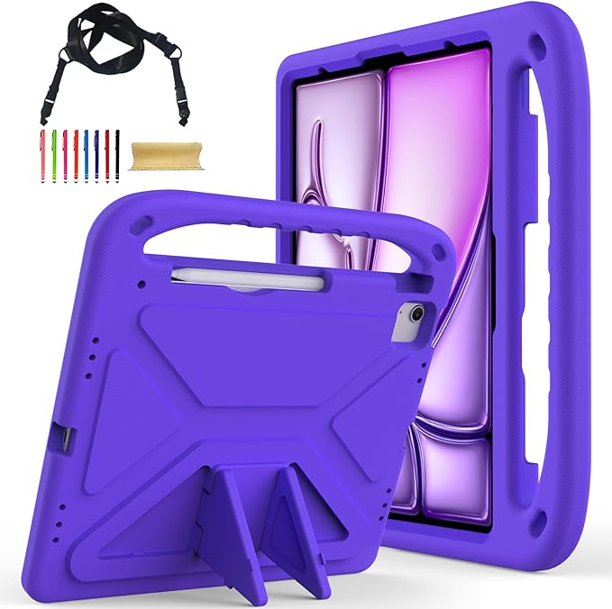 Cute Kids Case for iPad Air 13" M4 M3 M2 2026 2025 2024/ Pro 13 Inch M5 M4 Cover 2025 2024, iPad Pro 12.9 Case 2022/2021/2020/20218, Soft EVA Handle Cover with Shoulder Strap Stand, Purple