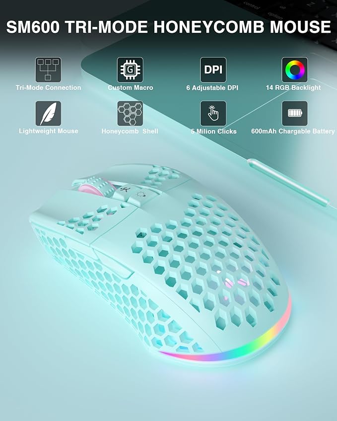 SOLAKAKA SM600 Honeycomb Shell Gaming Mouse Wireless,8000 DPI Tri-Modes BT5.1/2.4G Wireless/Type-C Wired Gamer Mouse with 2 Side Buttons, Macro Programmable and RGB Light for PC/Mac/Laptop,Green