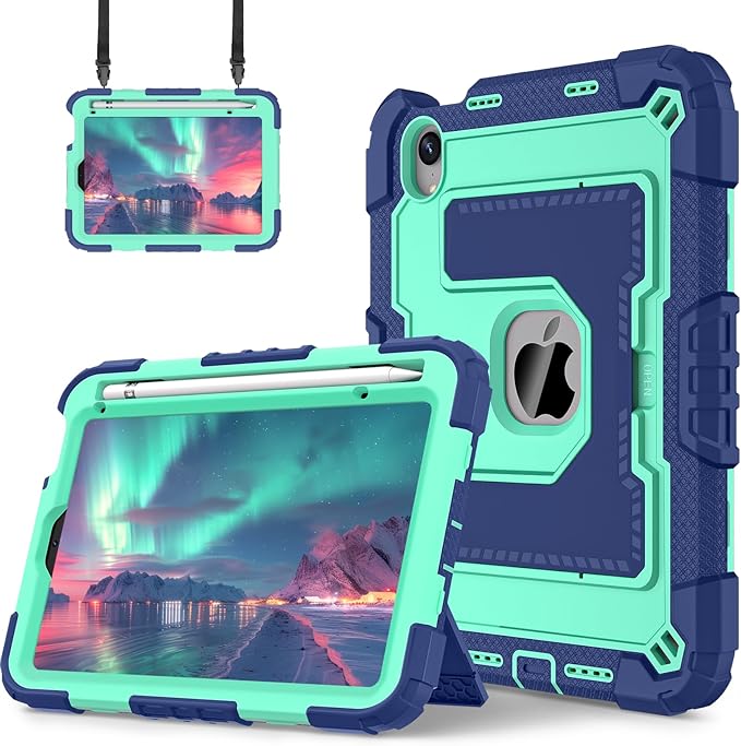 Kids Friendly Case for Apple iPad mini 7 A17 Pro 2024/iPad Mini 6 2021 8.3 Inch 7th/6th Gen Case with Pencil Holder & Shoulder Strap, Shockproof Kickstand Hard Shell Protective Cover,Blue+Mint