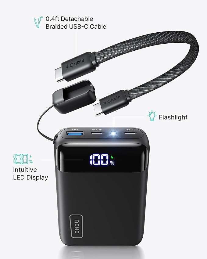 INIU Smallest 20000mAh Power Bank, 22.5W PD Fast Charging Portable Charger with Detachable Cable, Flight-Safe Battery Pack with LED Display for Travel Xiaomi iPhone 17 16 Samsung S26 Google iPad etc