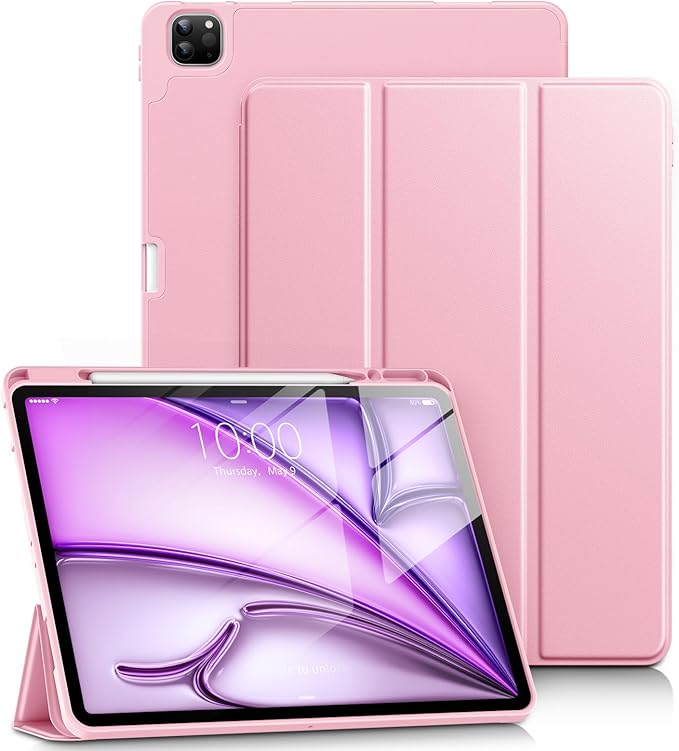 DTTO for iPad Air 13 Inch Case M4/M3/M2 2026/2025/2024, iPad Pro 12.9 Inch Case (6th/5th/4th/3rd Gen), Smart Slim Trifold Stand Soft Cover with Pencil Holder, Pink