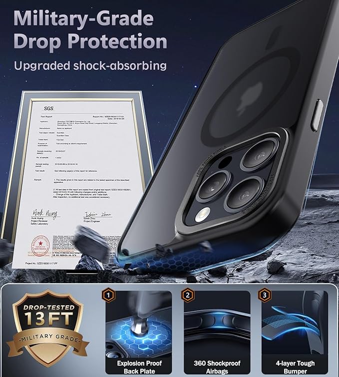 Newfuture Magnetic for iPhone 15 Pro Case [Compatible with Magsafe] [Military Grade Drop Protection] Translucent Matte Anti-Fingerprint Shockproof Phone Case for iPhone 15 Pro 6.1 inch, Black