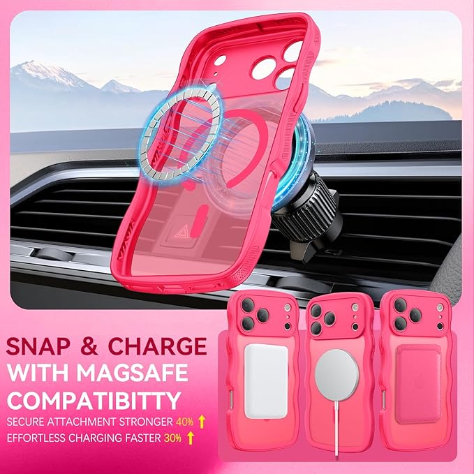 BENTOBEN Magnetic for iPhone 17 Pro Case, Cute Wavy Full Camera Protection [Compatible with MagSafe] Matte Anti-Slip Bumper Women Girls Boys Protective Cover for 17 Pro 6.3", Hot Pink