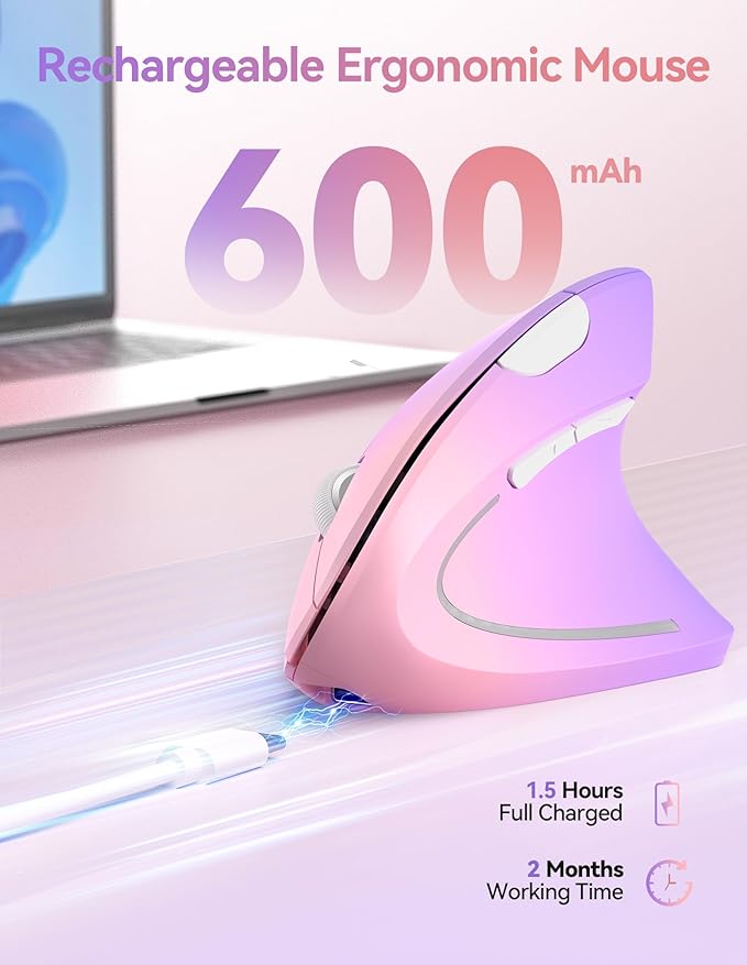 TECKNET Ergonomic Mouse, Wireless Rechargeable Vertical Mouse for Carpal Tunnel Right Hand, 4800 DPI 5 Adjustable Levels 2.4GHz with USB-A Receiver, Silent Click, for Laptop, PC, MacBook, Desktop