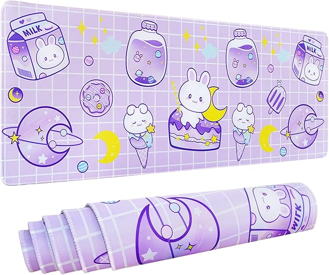Kawaii Bunny Gaming Mouse Pad for Desk, Extended Large Bunny Rabbit Moon Mouse Pad, Purple Mousepad XL, Long Big Mouse Mat, Kawaii Bunny Decor Stuff Accessories, 31.5 X 11.8 Inch