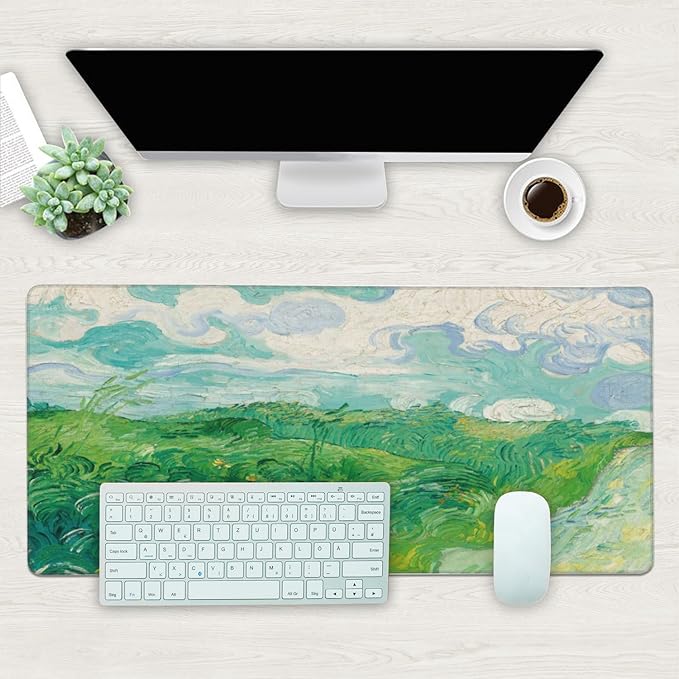 Desk Mat, Field Landscape Oil Painting Extended Gaming Mouse Pad Large, 35.4"x15.7" Big Mouse Pad with Non-Slip Base and Stitched Edge, Long Computer Keyboard Mouse Mat for Home Office Work