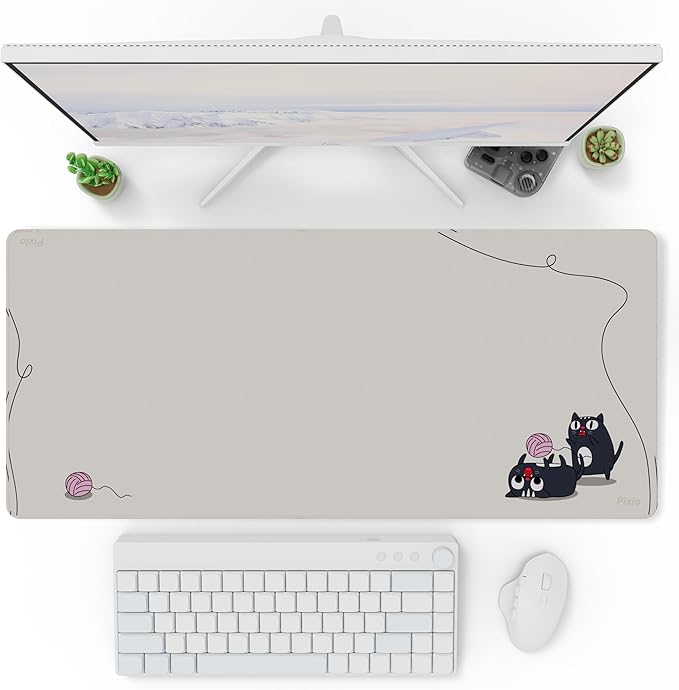 Pixio Mouse Pads - 36 x 16 inch XXL Playful Cats (Side) Beige Multifunctional Large Desk Mats for Gaming, Office, Desktop Anti-Slip Waterproof Washable Computer Mouse Mat