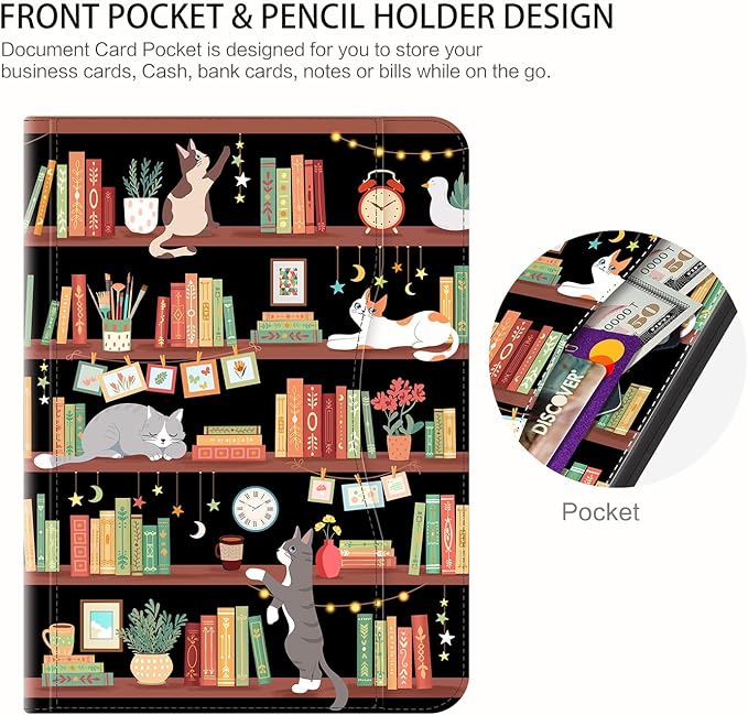 Rotating iPad Air 11-inch Case M4/M3/M2, Case for iPad Air 5th/4th Generation 10.9 Inch, 360 Swivel Multi-Angle Adjustable Stand Pencil Holder/Pocket/Hand Strap for iPad Pro 11-inch case Bookshelf Cat