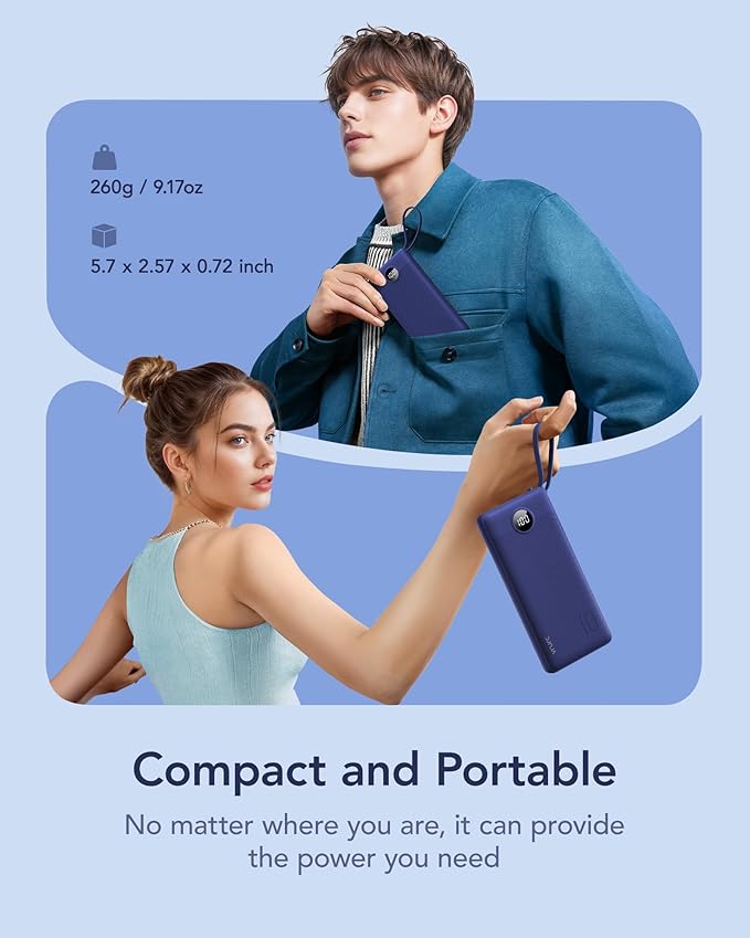 VRURC Portable Charger for iPhone, USB C Power Bank 10000mAh, Slim Travel Battery Pack Built in Cables & Lanyard, 5 Output 2 Input Portable Phone Charger for iPhone 17 16 15 14 13, Samsung-Navy