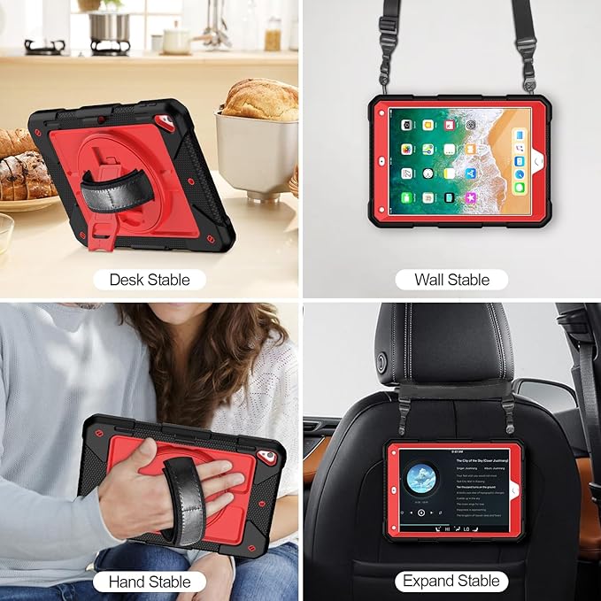 MENZO Shockproof Case for iPad 5th Gen/6th Gen/Air 2/Pro 9.7-inch with 360° Swivel Stand, Pencil Holder, Detachable Hand and Shoulder Strap, Black+Red