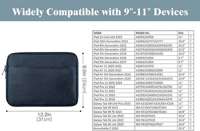 TiMOVO 9-11 Inch Tablet Sleeve with Pocket, Protective Carrying Case for iPad 11-inch A16 2025, iPad 10th Gen 10.9", Air 11"/10.9", Pro 11", Galaxy Tab A9+ 11", Space Gray
