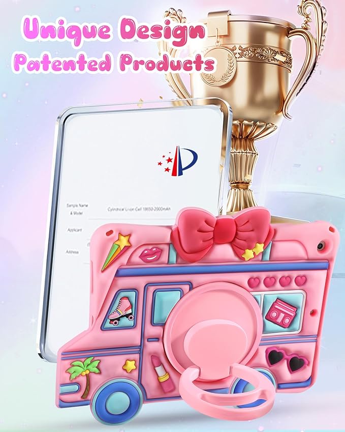 for iPad 9th/8th/7th Generation Case - for Girls Cute Girly Kawaii 3D Cartoon Design with Rotating Stand Handle & Shoulder Strap Silicone Cases for iPad 7/8/9th Gen 2019 2020 2021 10.2 Inch