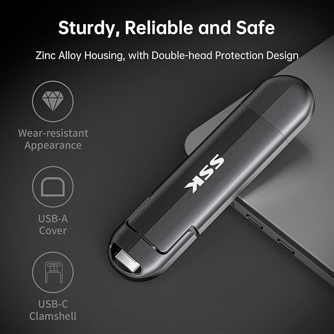SSK 1TB Dual USB C Flash Drive, 2-in-1 Type C+USB A 3.2 Gen2 External Solid State Thumb Drive,Speed Up to 550MB/s Memory Stick Data Storage for iPhone 15/16/17/Android Phone/Tablet/MacBook/Windows