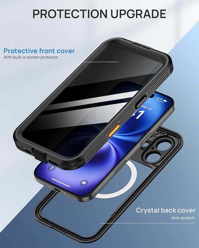 Lanhiem Magnetic for iPhone 16 Waterproof Case, Built-in Privacy Screen Protector, Compatible with MagSafe, Anti-Spy Full Body Phone Case for iPhone 16 6.1", Black