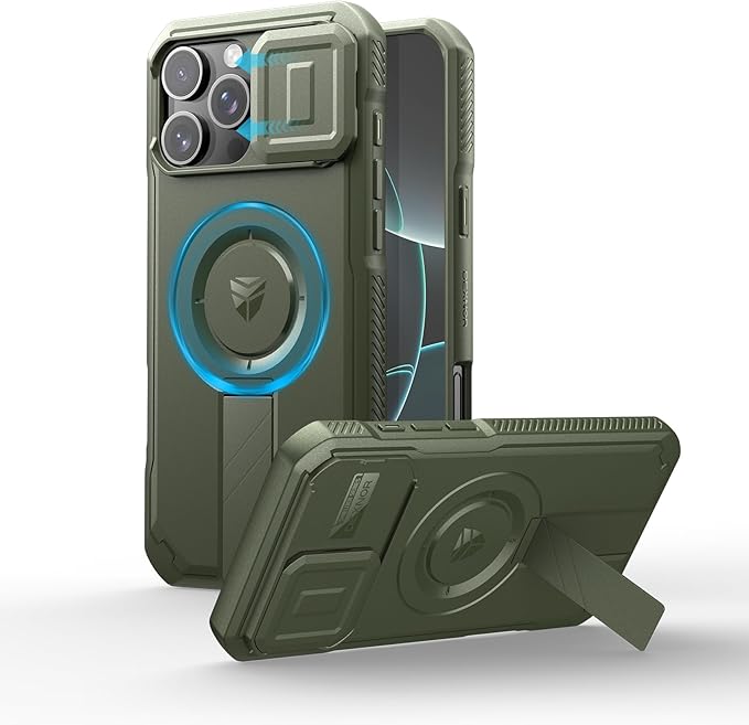 Dexnor for iPhone 16 Pro Max Case with Slide Camera Cover & Adjustable Kickstand, Rugged Shockproof Bumper Cases Heavy-Duty Magnetic Protective Cover,Army Green