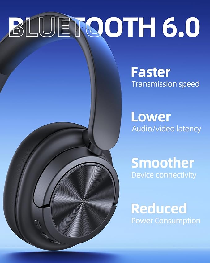 Hybrid Active Noise Cancelling Headphones 120H Playtime Wireless Headphones Bluetooth 6.0 Over Ear Headphones with 6 ENC HD Call Mic, Hi-Res 360° Spatial Audio ANC Headphone for Travel Workout Black